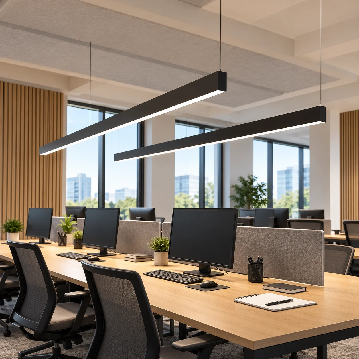 black linear pendants collaborative office