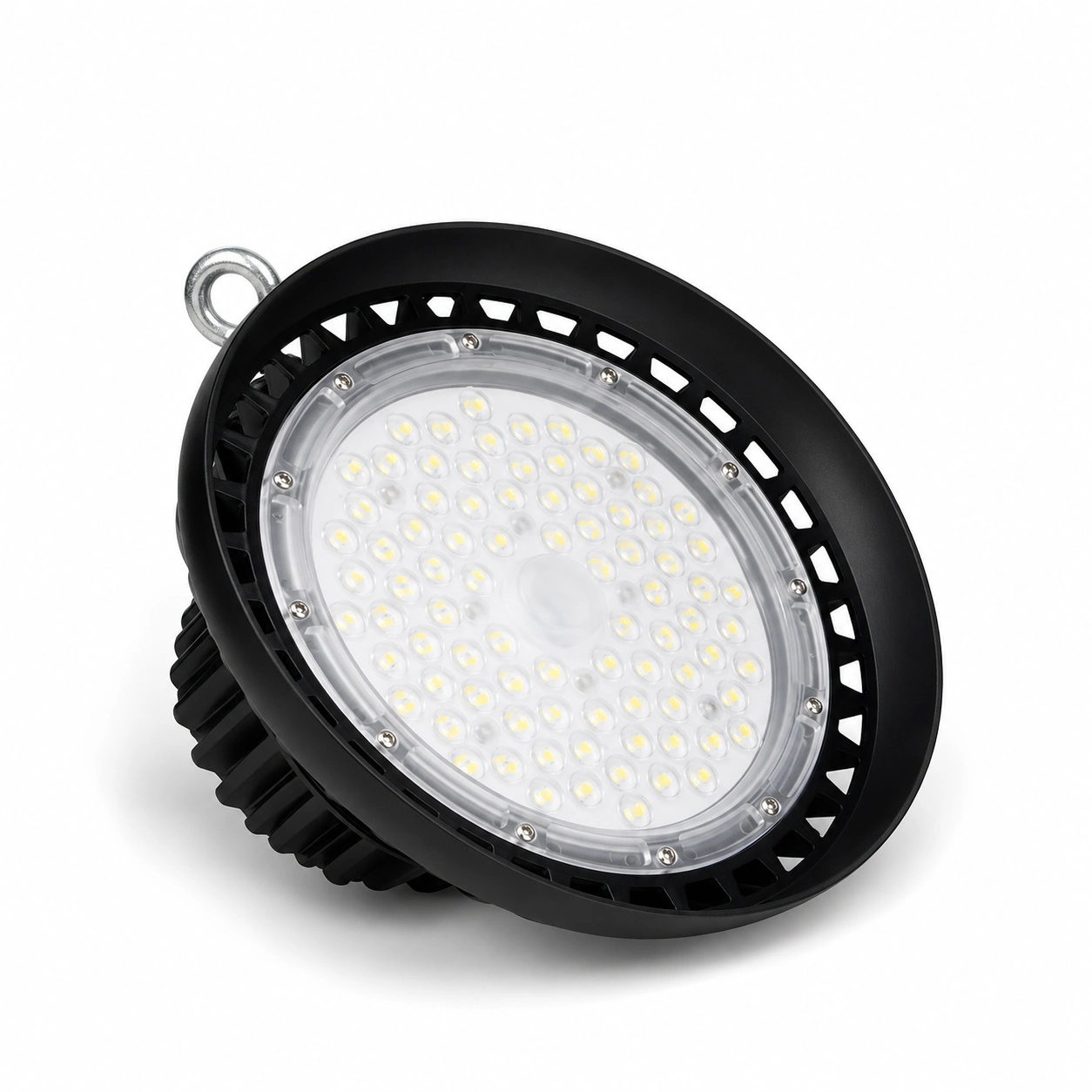 black ufo high bay clear led array front and hanging eye