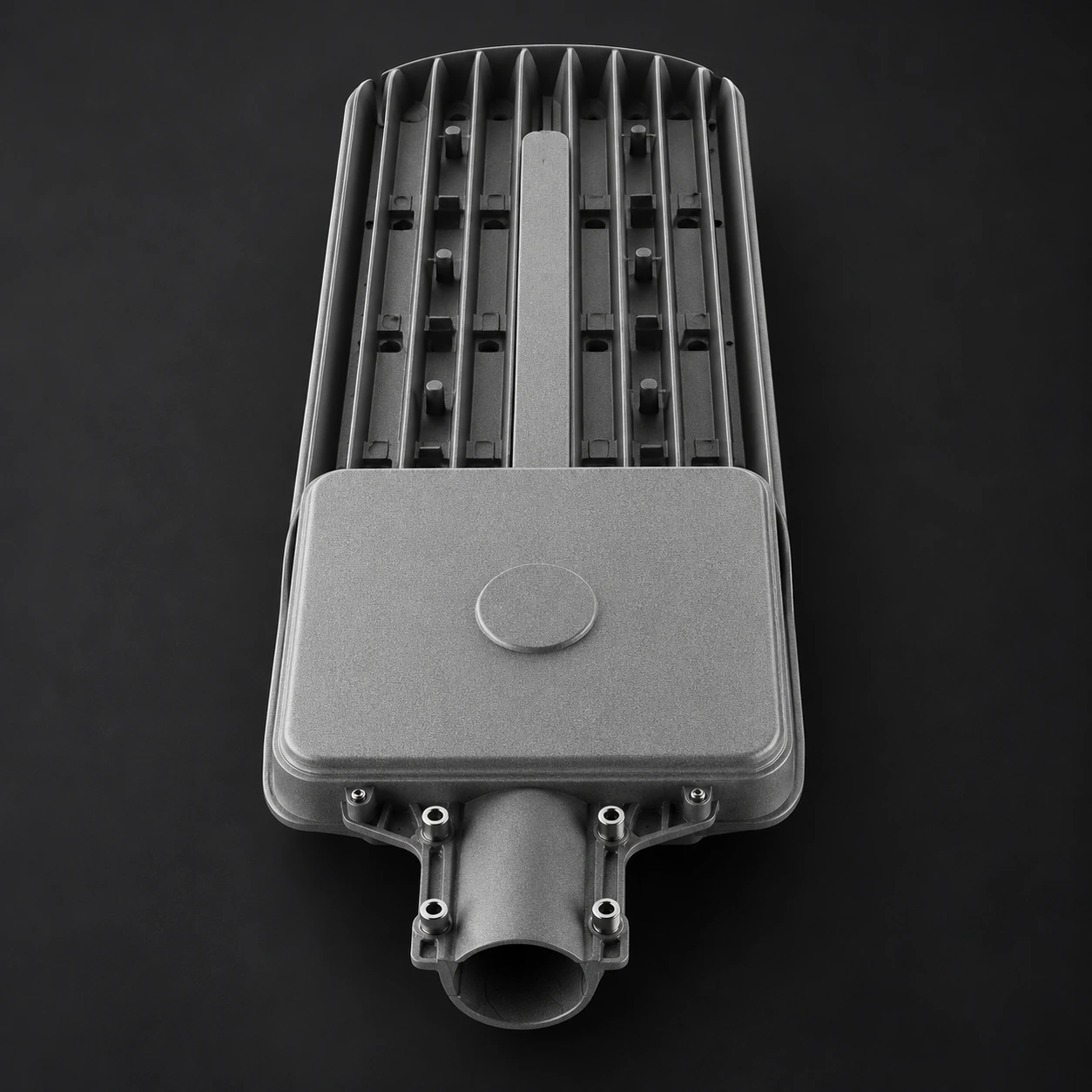 gray finned led street light rear driver housing dark studio