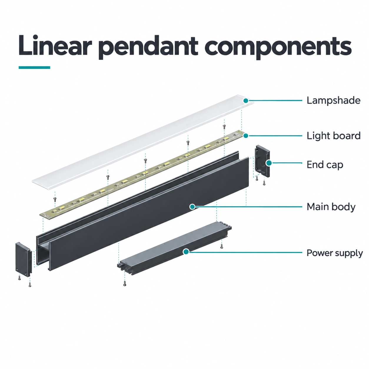 linear pendant five part exploded assembly