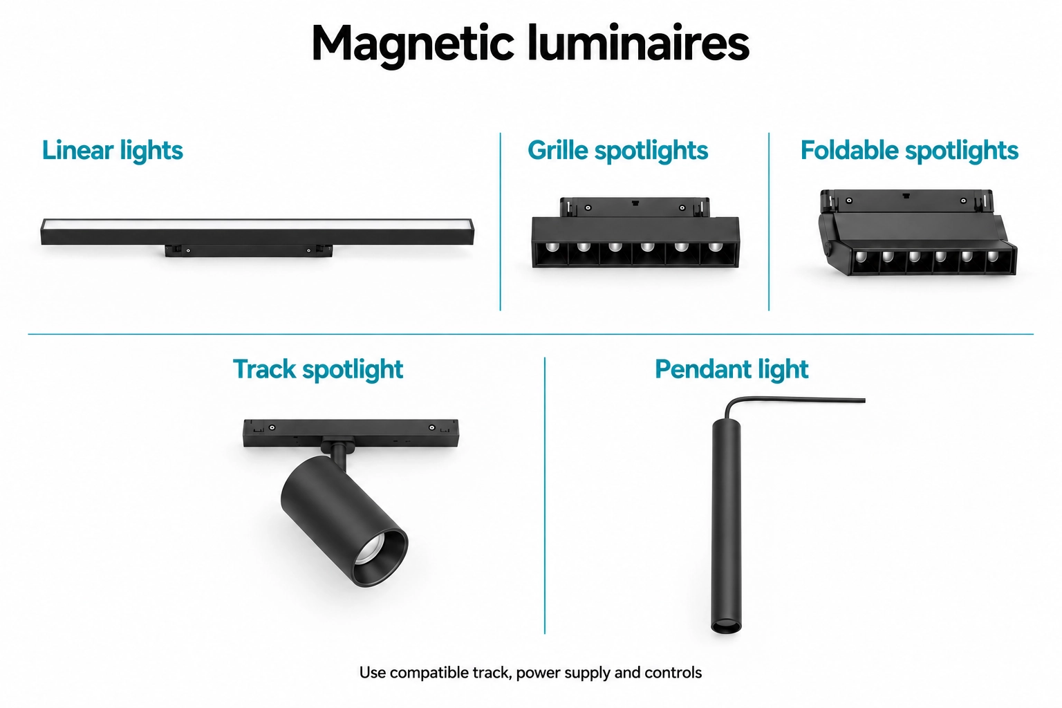 Five magnetic luminaire types: linear light, fixed grille spotlight, foldable spotlight, track spotlight and pendant light.