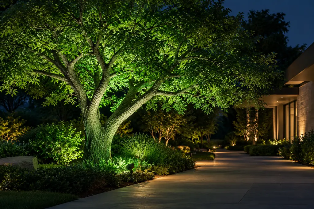 mature garden tree led floodlight illumination