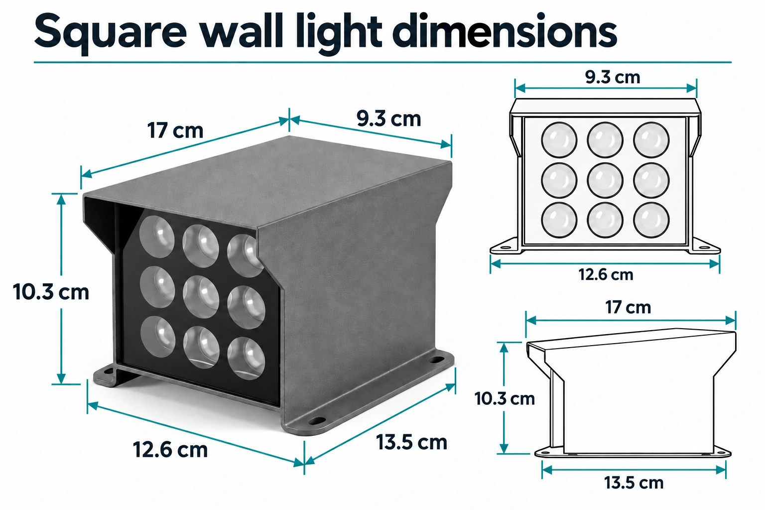square up down wall light body and base dimensions
