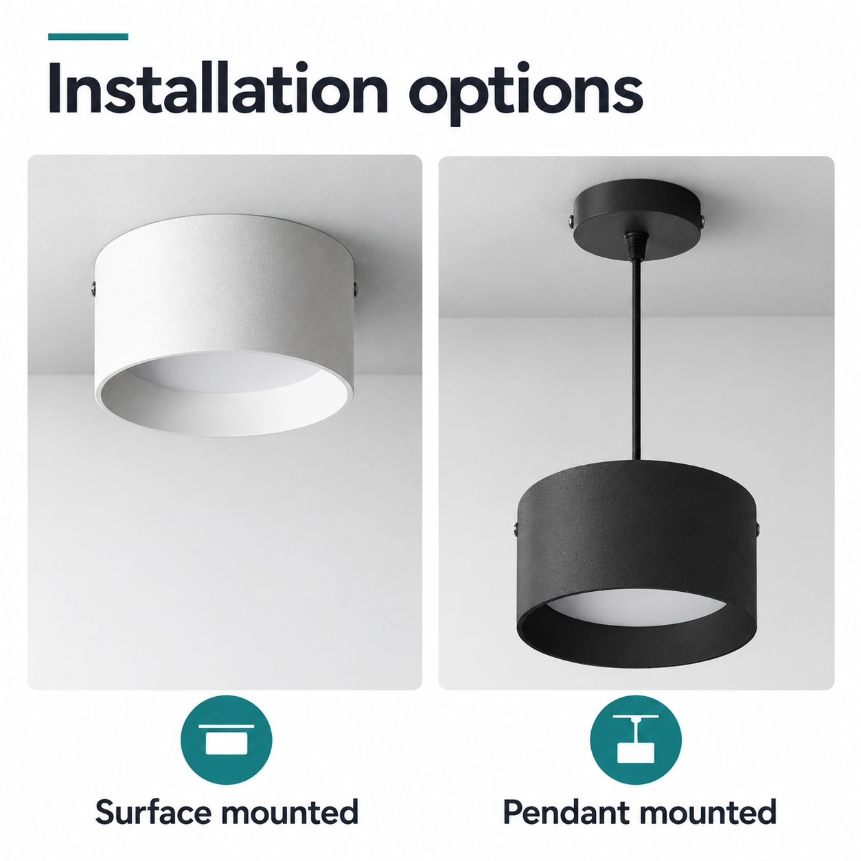 surface and pendant cylinder downlight installation options