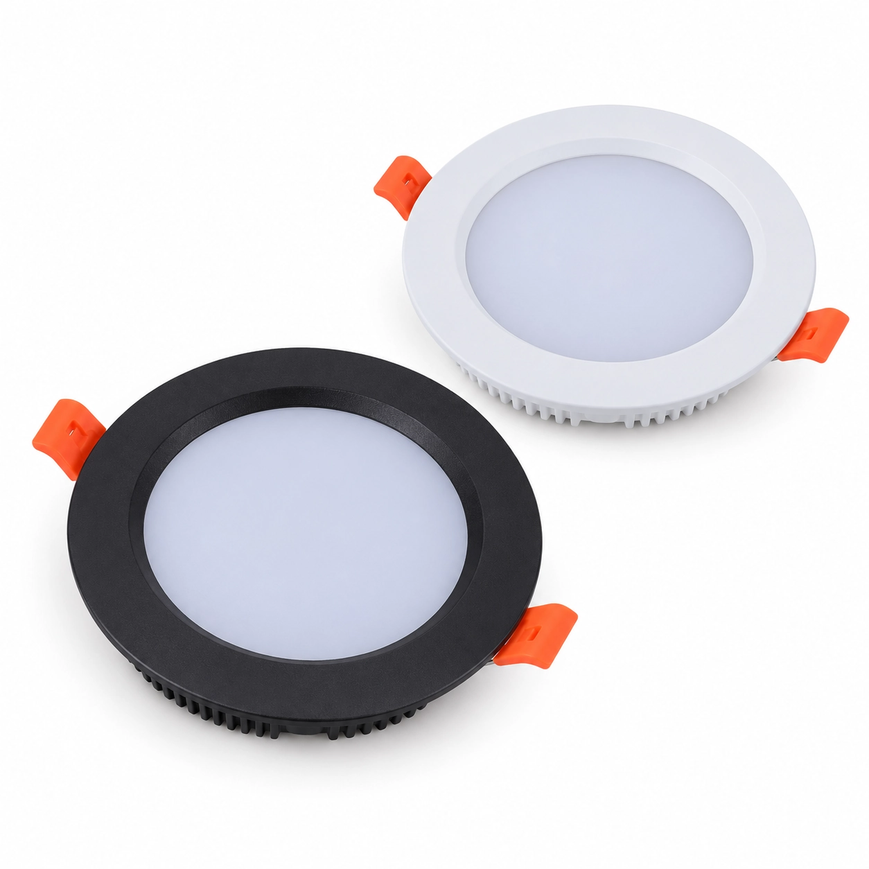 white and black round panel downlights paired orange clips