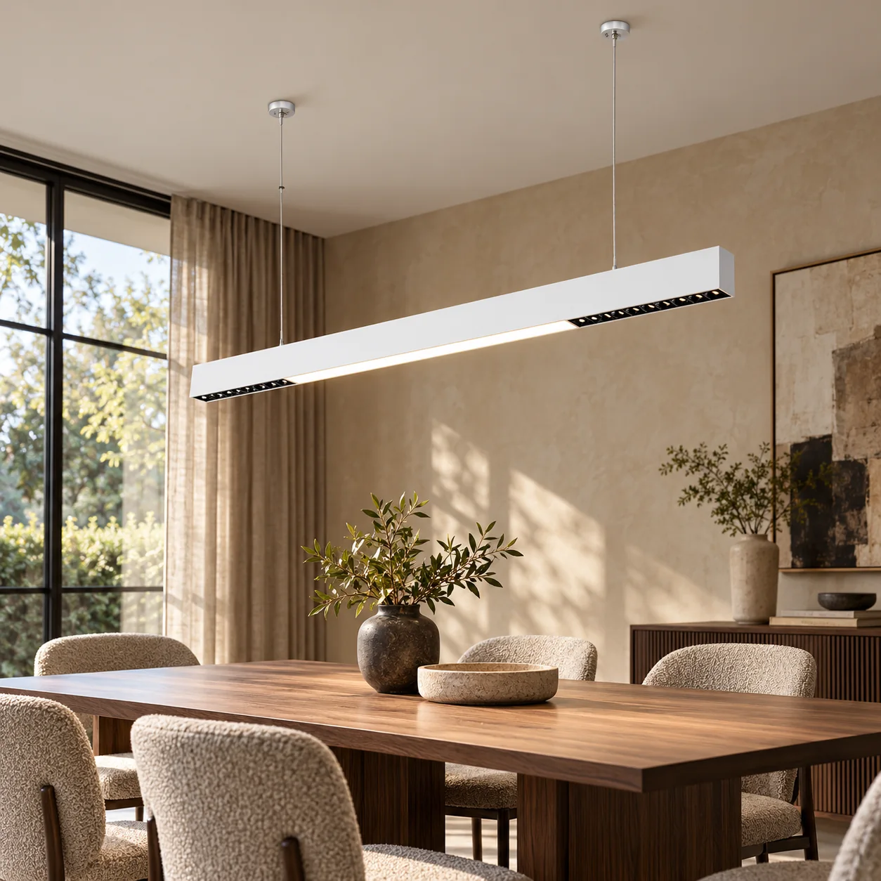 white hybrid linear pendant dining interior